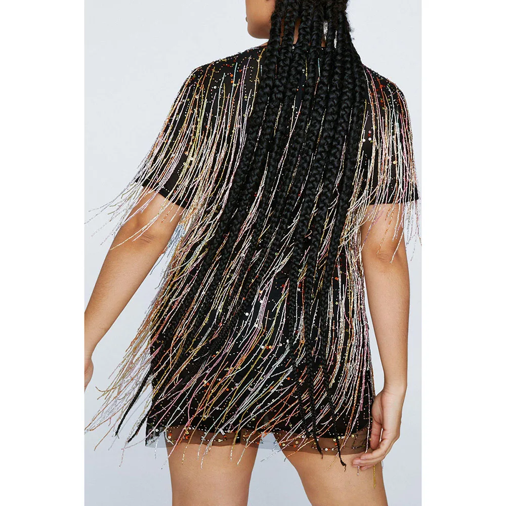 Plus Size Multicolor Party Fringe Mesh Short Sleeves Mini Dresses