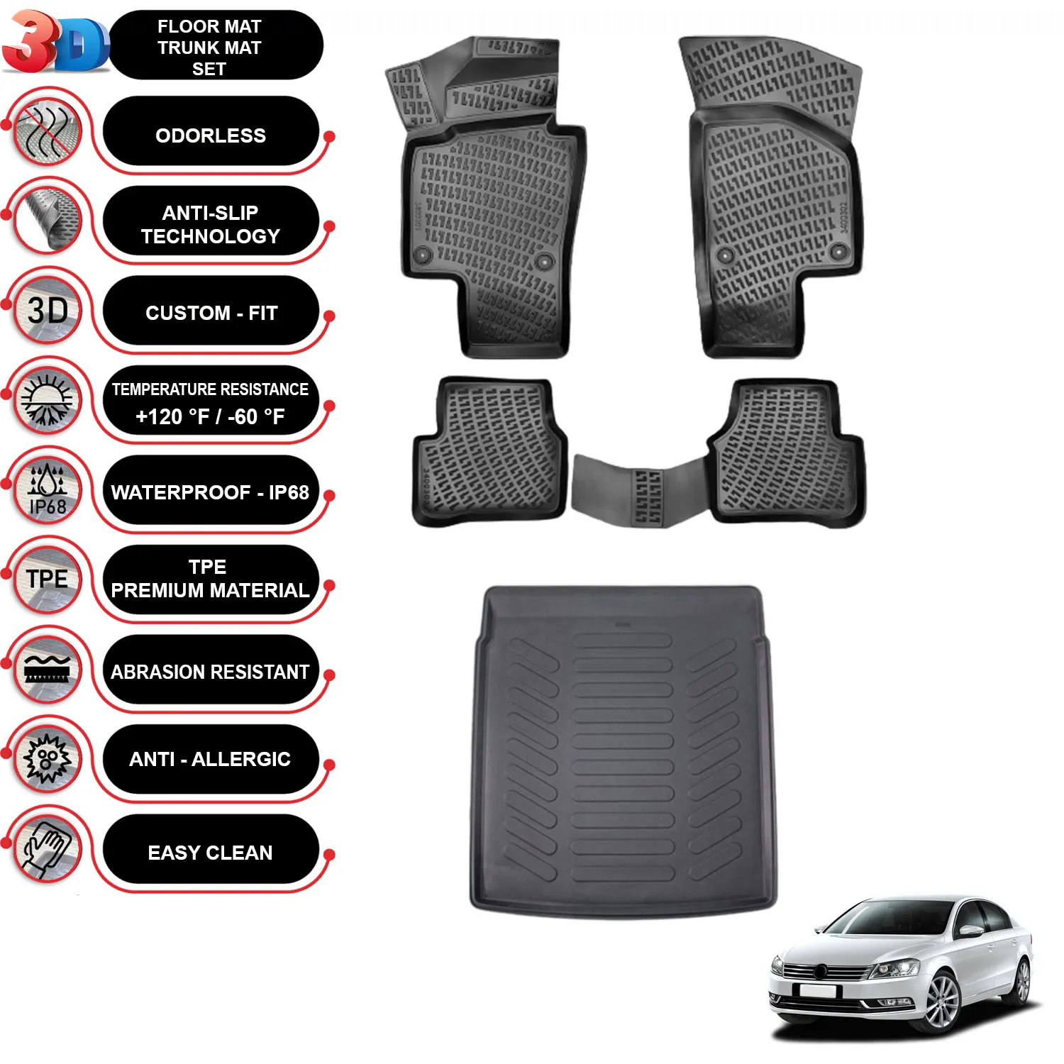 Volkswagen Passat B6 - (2005-2010) - Floor Mats + Cargo Trunk Liner - SET