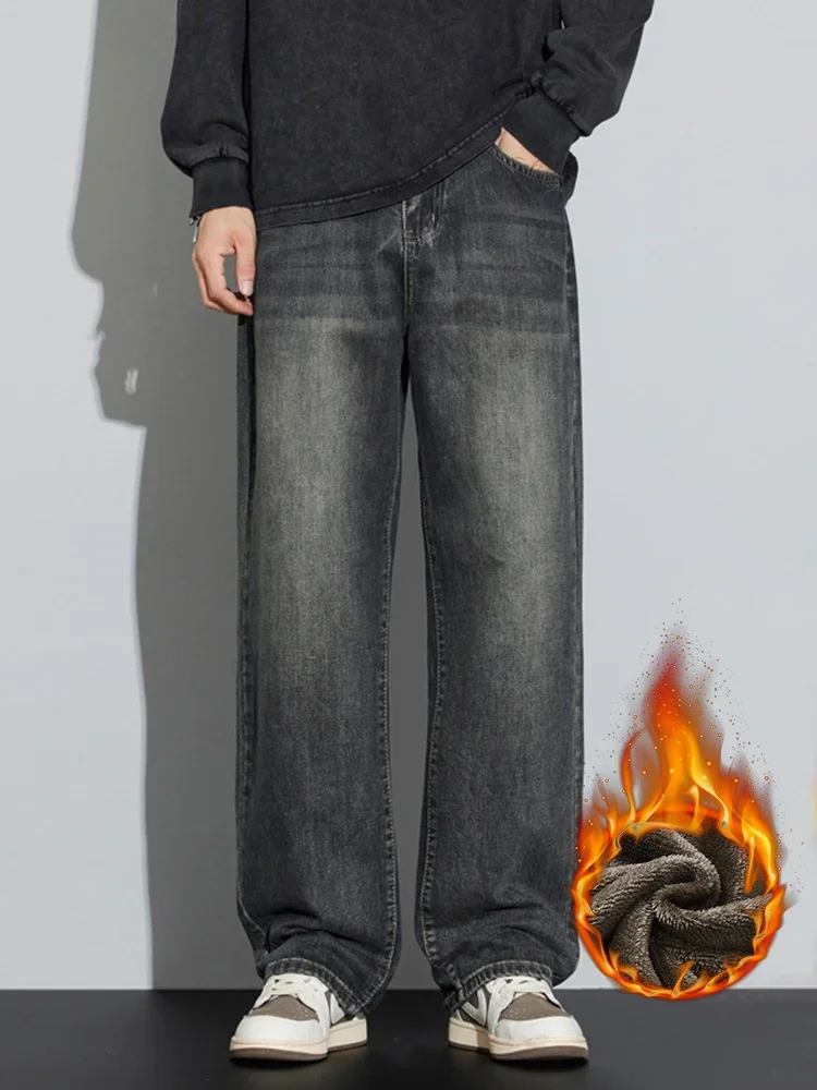 الكورية الصوف فضفاض الجينز الرجال الشتاء موضة خمر واسعة سراويل جينز مستقيم سميكة الدافئة أفخم السراويل الذكور