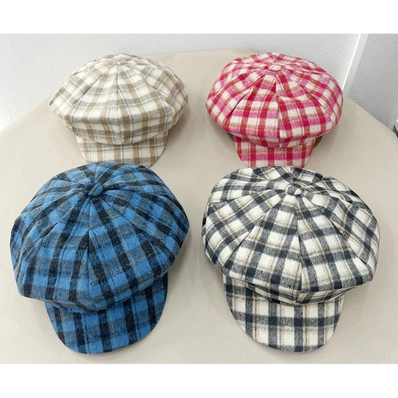 Ins New Fashion Color Matching Plaid Wool Berets Cap for Women Show Face Small Winter Casual Warmth Versatile Retro Newsboy Hat