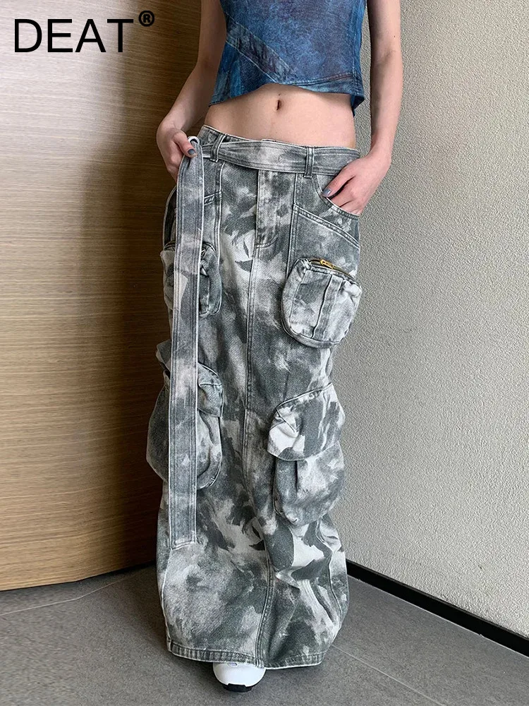 

DEAT Fashion Women's Denim Skirt Lace-up Camouflage Multi Pockets Back Split Full-length Skirts Autumn 2024 New Tide 17A7372