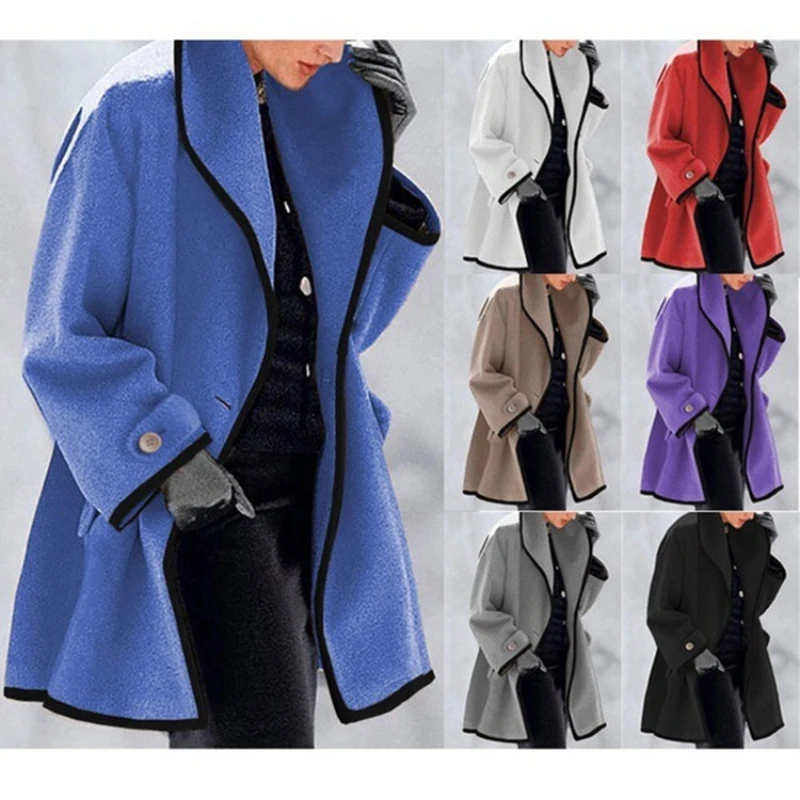 Ladies Fashionable Autumn Winter Open-Hem Wide Neck Woolen Coat Patchwork Color Block Loose Fit Ladies Outerwear