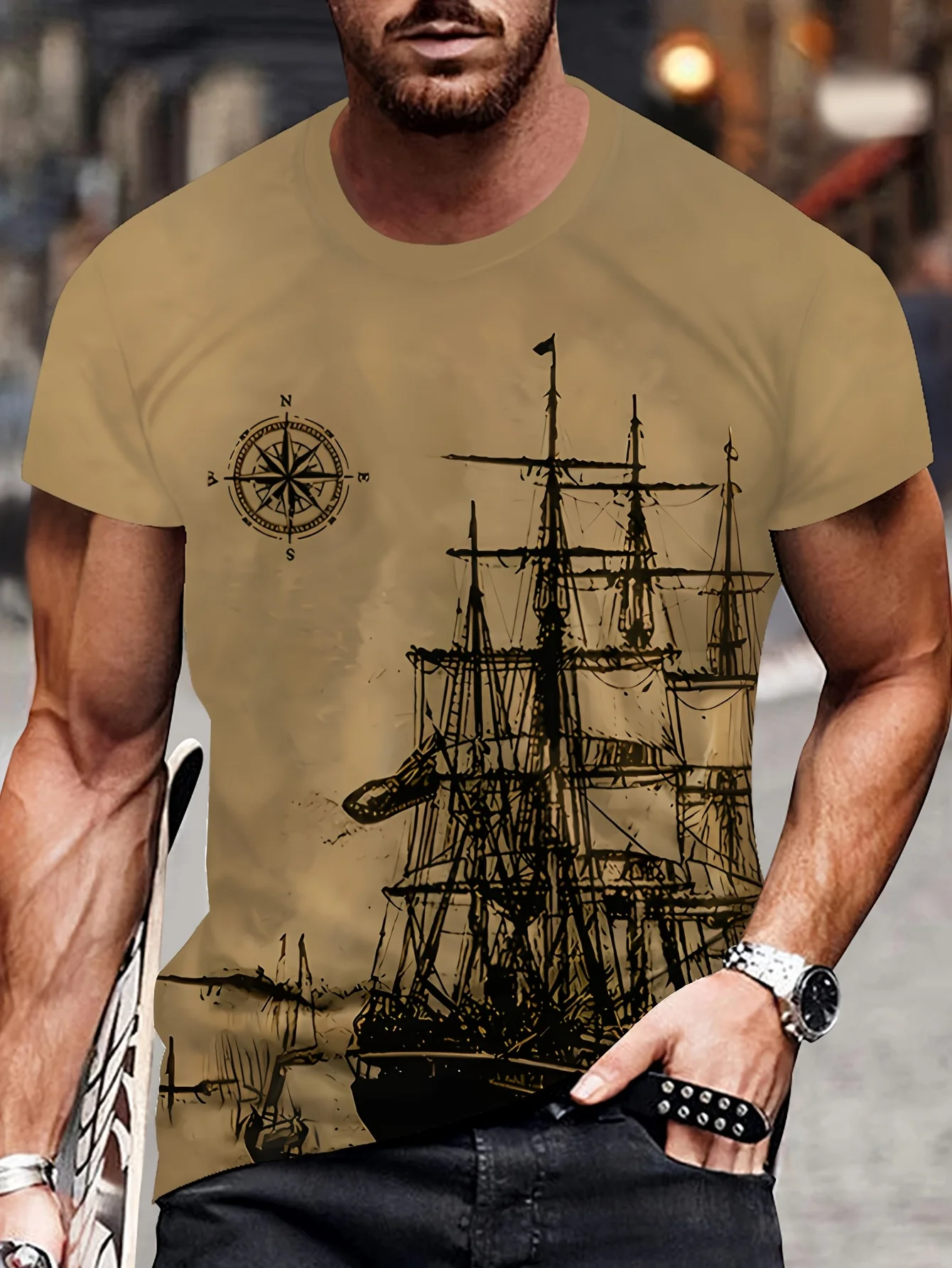 

Мужская модная инновационная футболка в стиле ретро, парусник, 3D-печать, креативный узор, летняя уличная тенденция, повседневный повседневный спортивный стиль