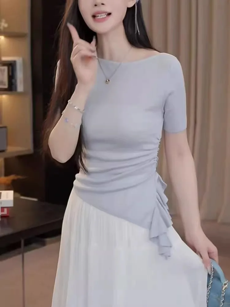 

Летний вязаный топ из ледяного шелка для женщин: модный, приталенный, с коротким рукавом, универсальный, в корейском стиле