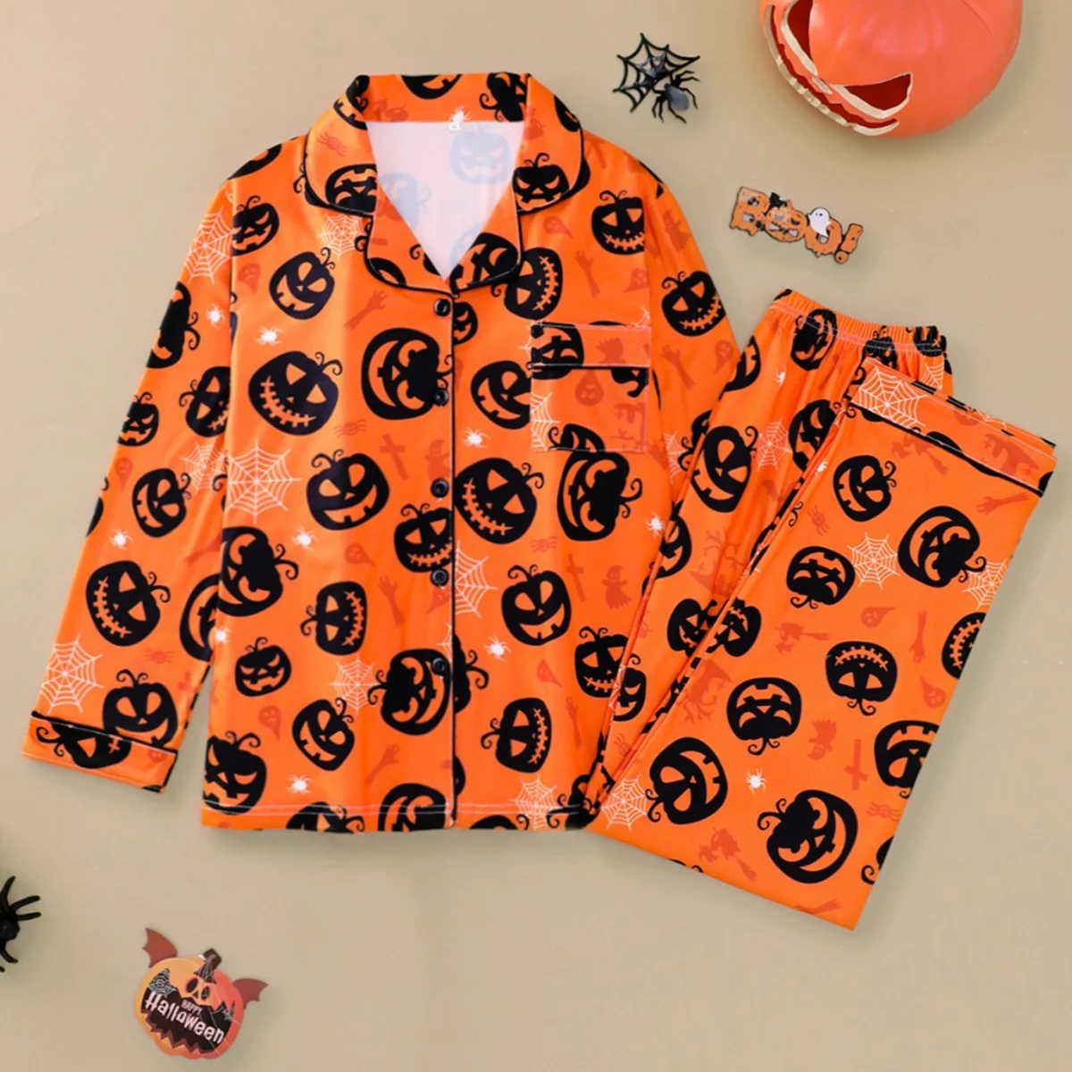 

Halloween Pajama Set Long Sleeve & Pants Lapel Loungewear Loose Comfortable for Spring Autumn Women Men Pajamas
