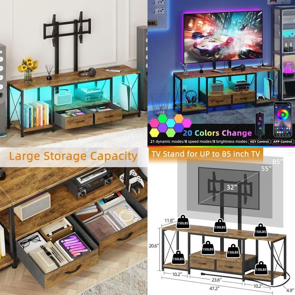 

Entertainment Center with TV Mount and Power Outlet for 32-85 Inch TVs - Corner TV Stand with Fabric Drawers