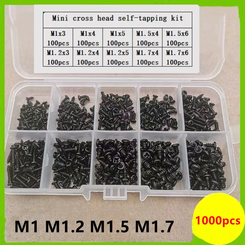 500-1700Pcs M1 M1.2 M1.5 M1.7 M2 M2.5 M3 Mix Pan Phillips Head Micro Screws Round Pan Head Self Tapping Wood Screw Set Kit Box