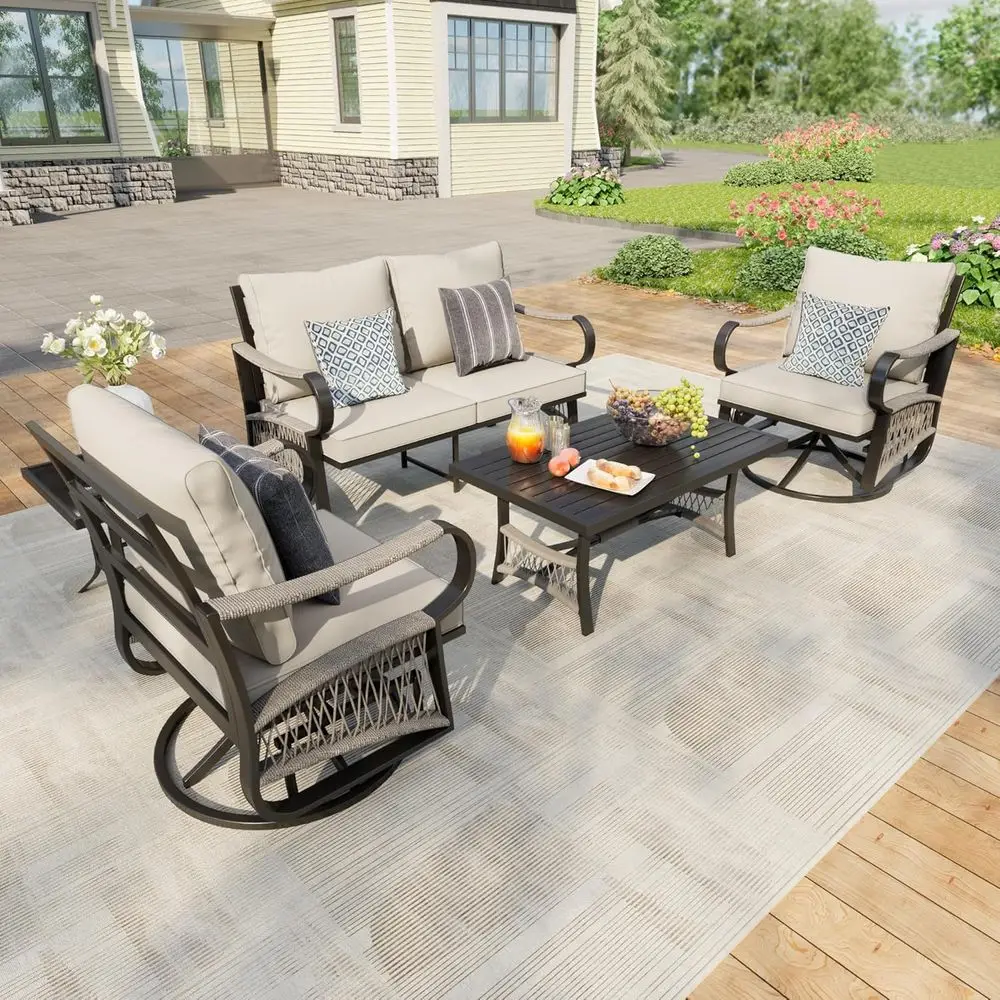 

5 Pieces Outdoor Contion Set, Rope Patio urniture Sets Metal 2 Swivel Rockers with Side Table Loveseat Soa with Coee Table, Beig