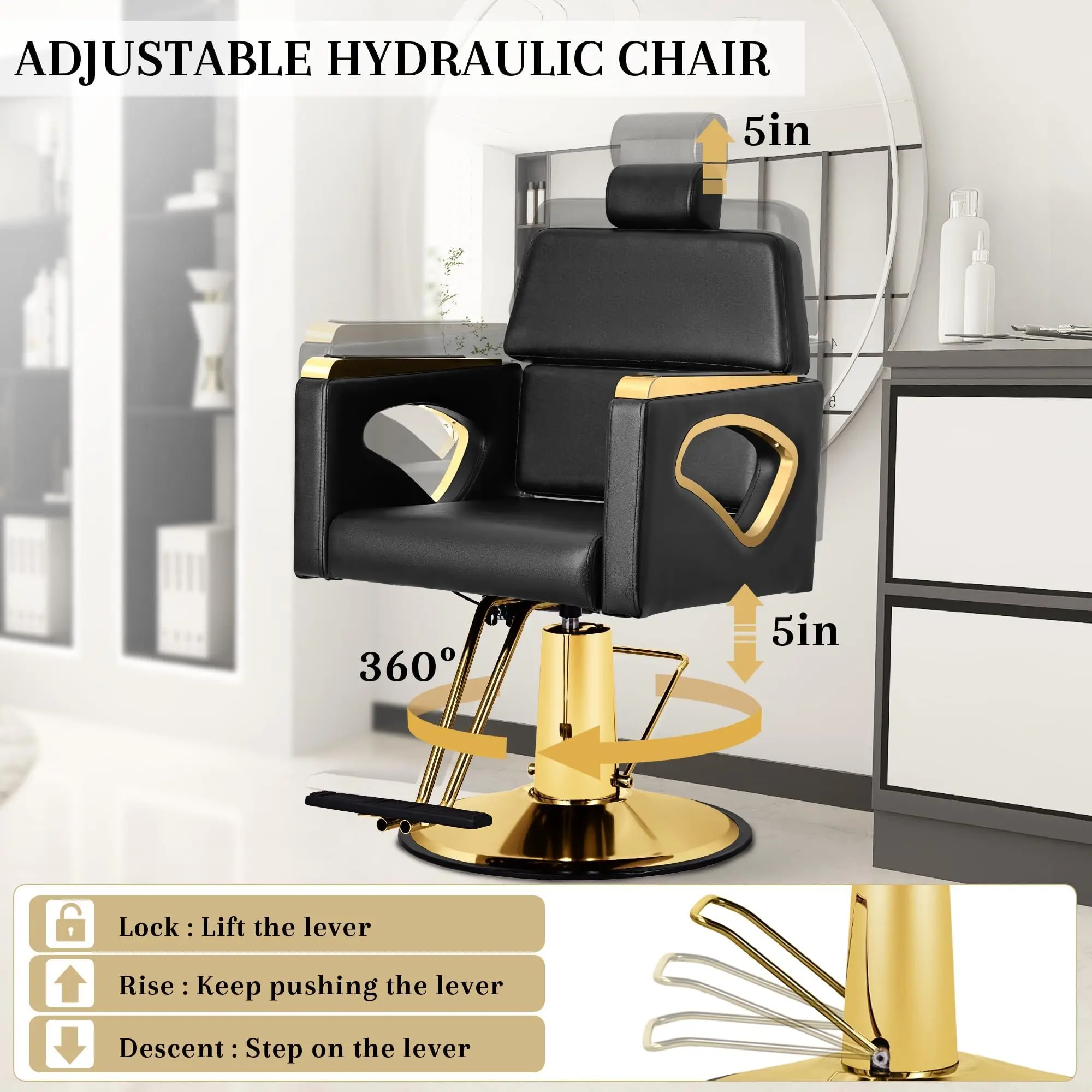 كرسي صالون الحلاقة لمصفف الشعر، كراسي صالون للاستلقاء مع مضخة هيدروليكية، 360 درجة °   معدات التجميل لتصفيف الشعر في سبا دوارة