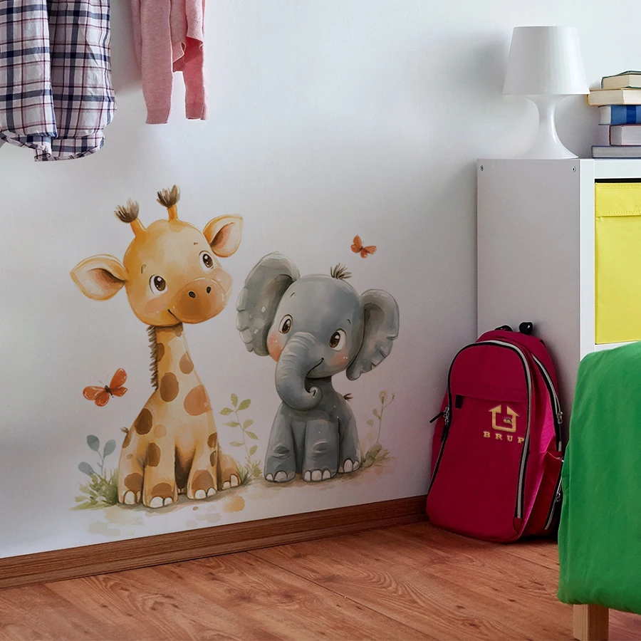 Cartoon Animal Wall Stickers - Giraffe And Elephant Design Removable Waterproof Decals For Kids Room, Nursery, Classroom Decor