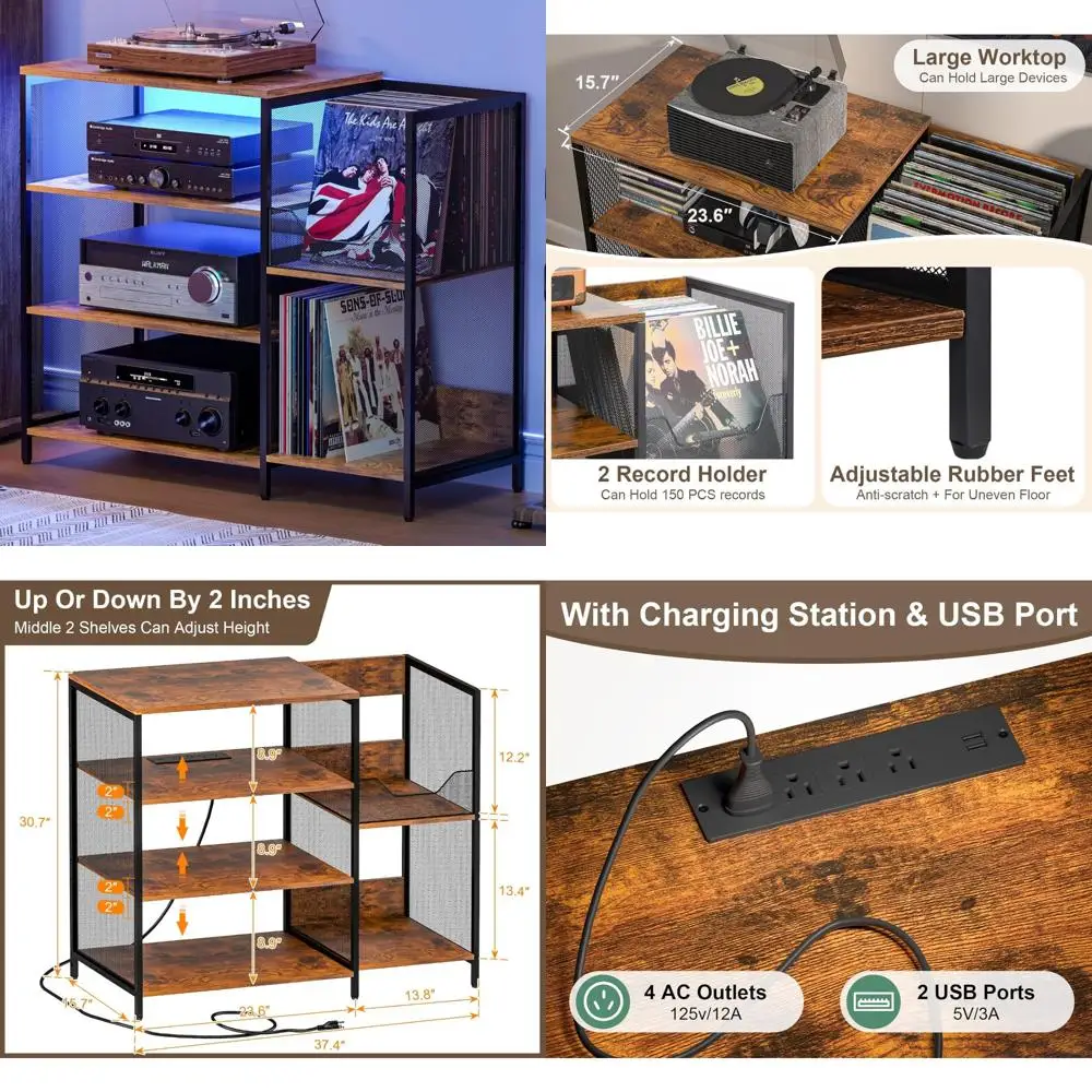 

Stylish Vinyl Record Storage Table with AV Media Stand, Charging Station, and USB Ports