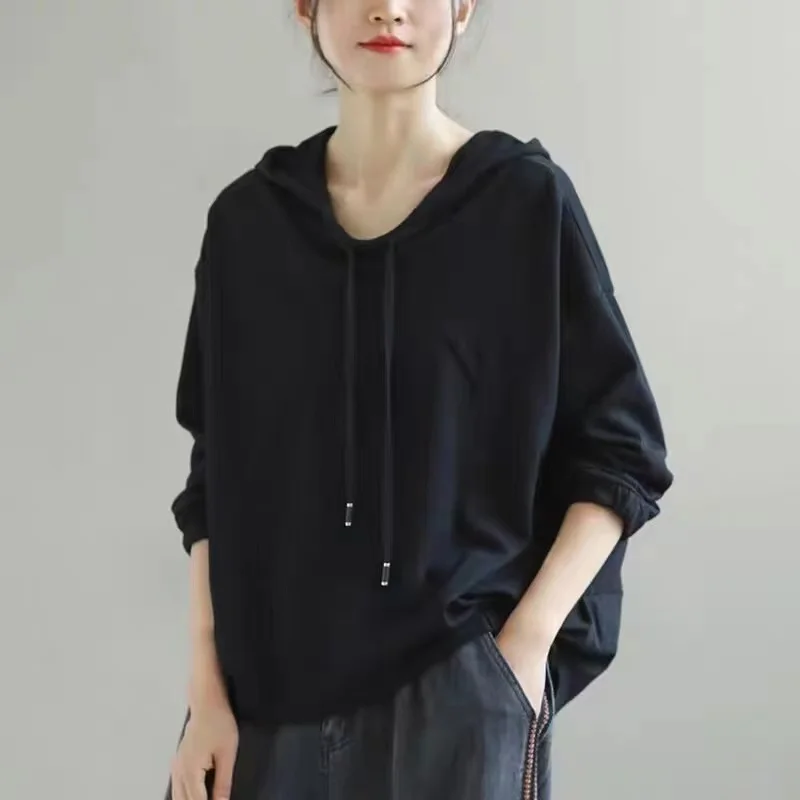 Felpa con cappuccio in velluto a coste da donna primavera autunno casual vestibilità ampia lunga Sve colore puro Dstring artistico Sle top di grandi dimensioni