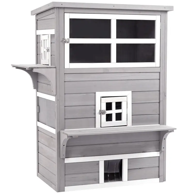 

Three-Tier wooden Kitten Shelter, Outdoor Cat House, with Jumping Platforms, Asphalt Roof, Doors - Grey