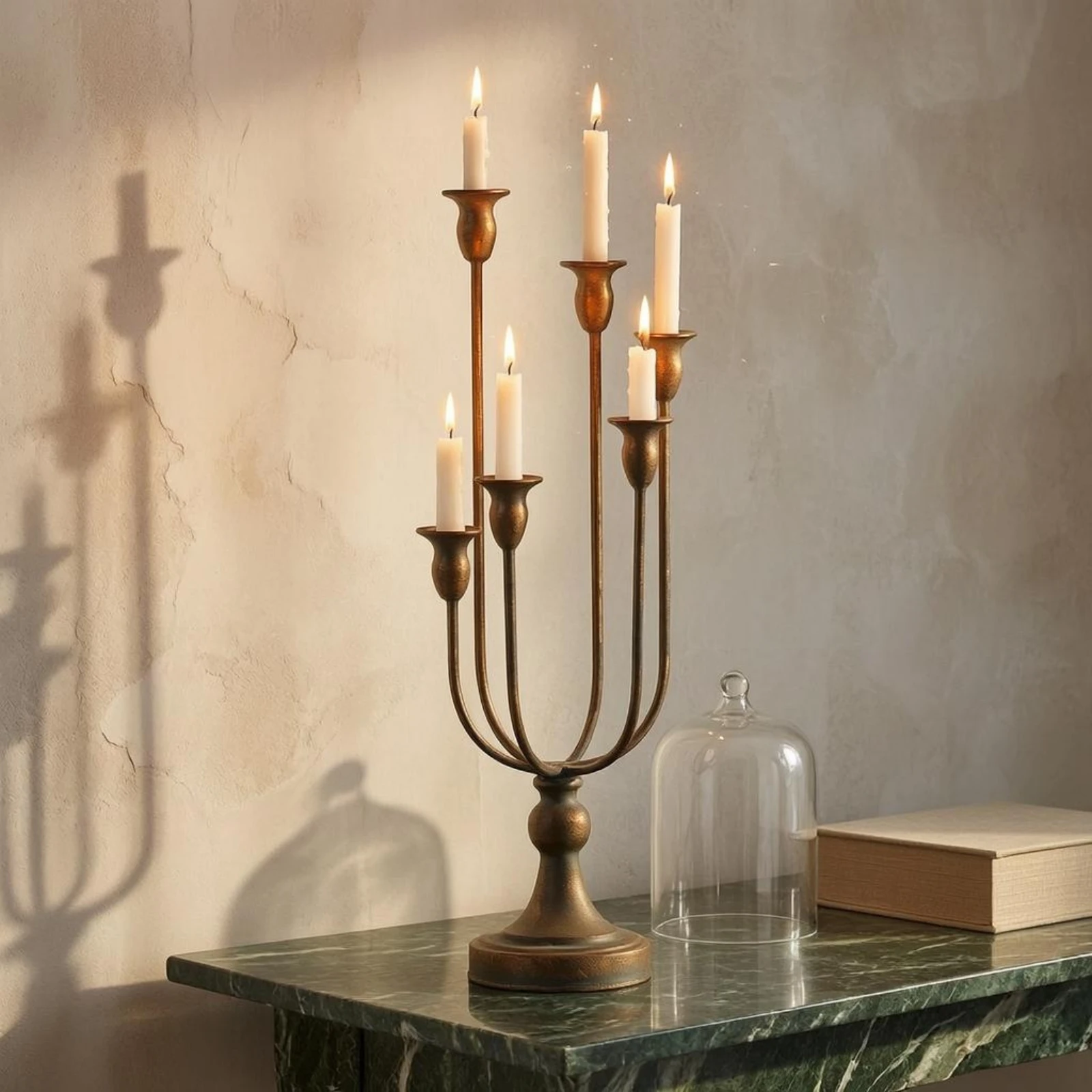 Five-Arm Candelabra Worn Finish Tabletop Candelabra Iron Candle Stand Bronze Toned Vintage Candle Holder Antique Style