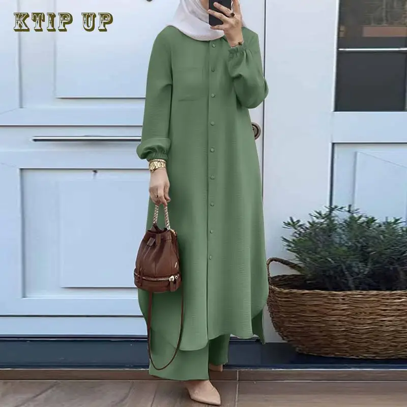 อิสลาม Ramadan Eid มุสลิมชุดผู้หญิง 2 ชิ้นชุดรัดตัวเสื้อกางเกงขากว้างดูไบ Abaya Lace Up สีทึบ Kaftan เสื้อผ้า