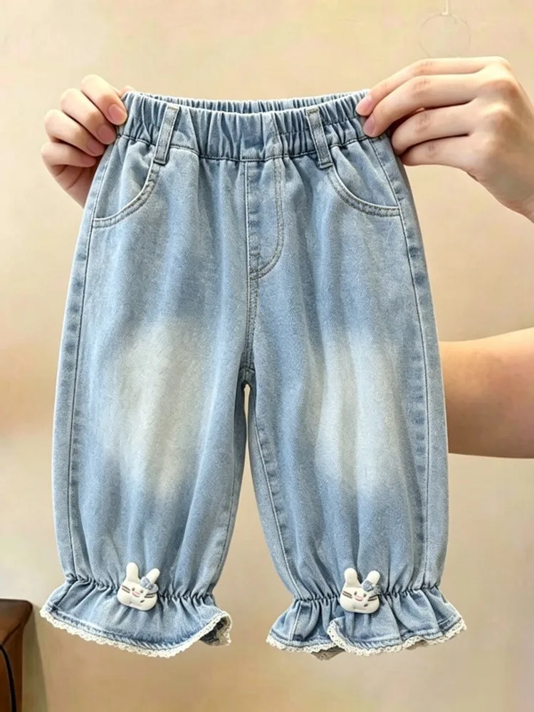 Girls Casual Loose Cuffed Jeans Fashionable Children's Cartoon Embroidery Doll  Ruffle Denim Pants Trendy High Waist Strai...