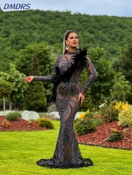 Luxury Dubai Feathers Mermaid Prom Gown Sexy Illusion Cocktail Dresses Hand-sewn Beads Evening Dress Customized Robe De Mariée