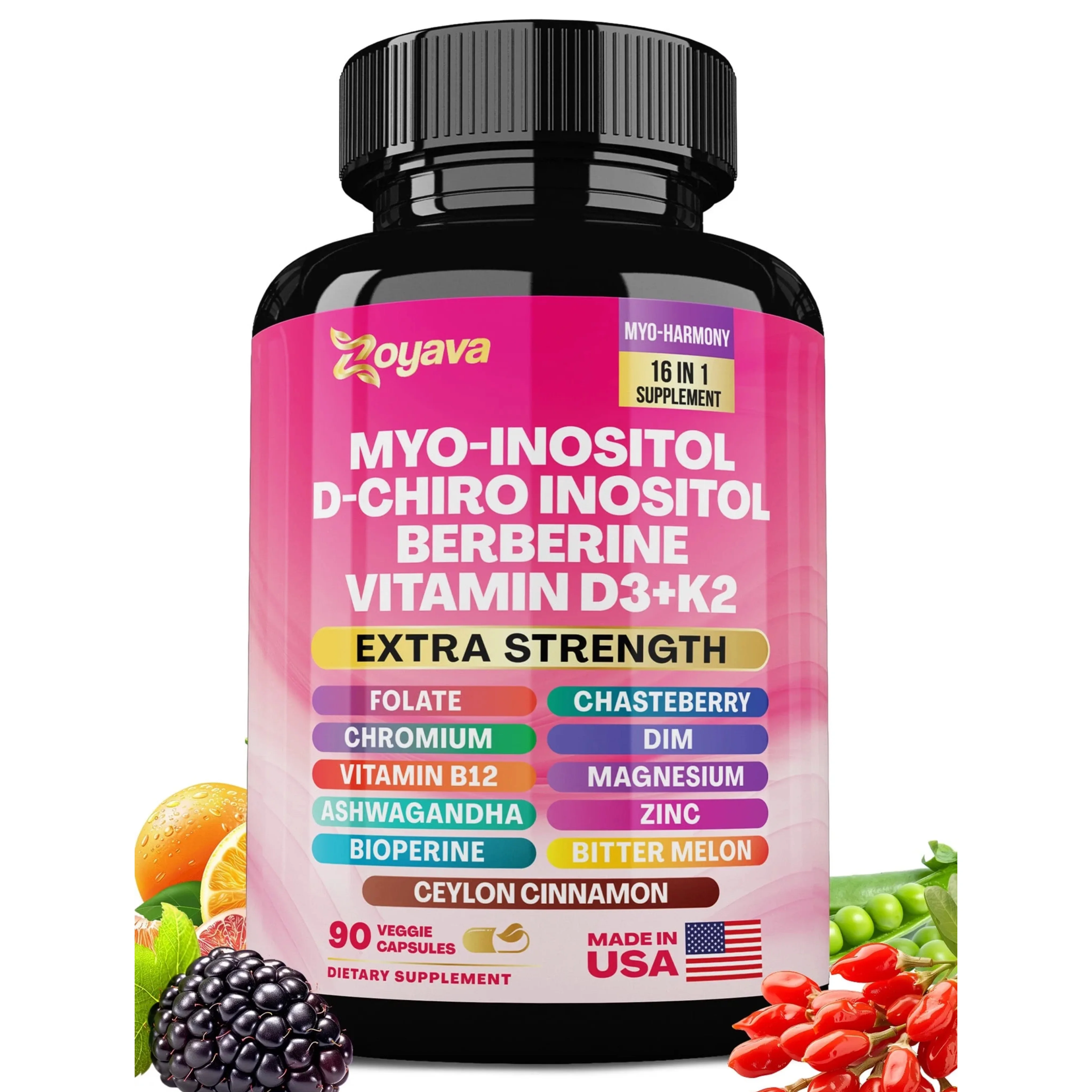 90 Cápsulas Suplemento Myo Inositol 750mg, Berberina 500mg, Inositol D-Chiro 50mg, Dólogo 400mcg, Ashwagandha 100mg