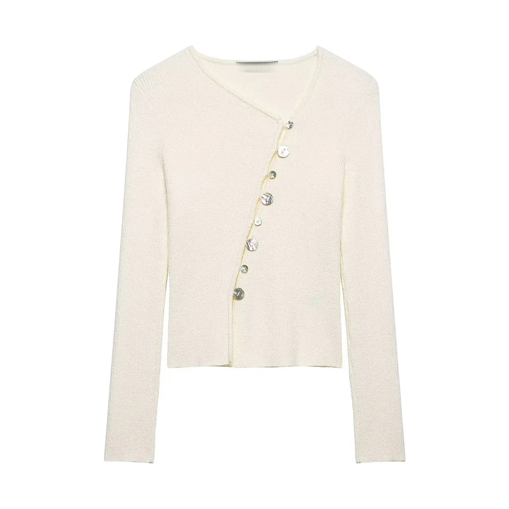 

WOMEN 2026 Summer New Fashion Asymmetric Buckle knitted Cardigan Sweater Retro Long Sleeve Casual Female Outerwear Chic Tops