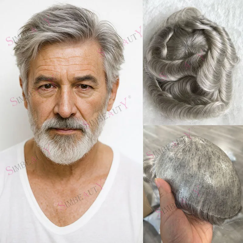 Natural Hairline 1B80 Grey Male Human Hair Wigs Replacement Capillary Prosthesis Afro Black Old Man Real Hairpieces 120Density