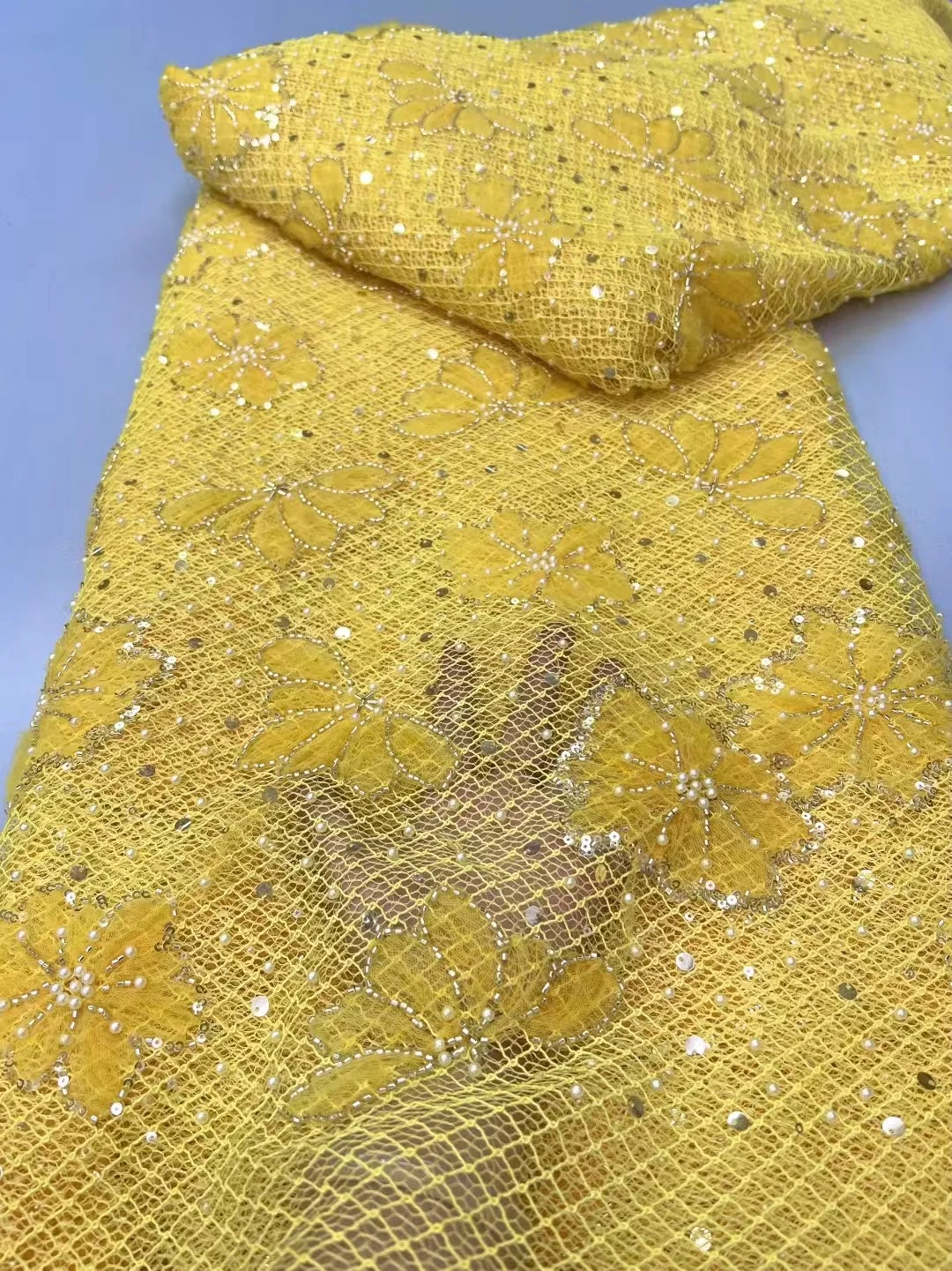 

Yellow African Sequins Beaded Lace Fabrics 2025 High Quality Embroidery French Nigerian Lace Fabric For Bride Wedding Party