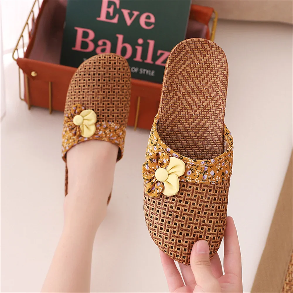 Summer Rattan Mat Slippers Women's Home Fashion Half Slippers Floor Anti Slip Bamboo Woven Sandals 2024 New Indoor Flowers Shoes