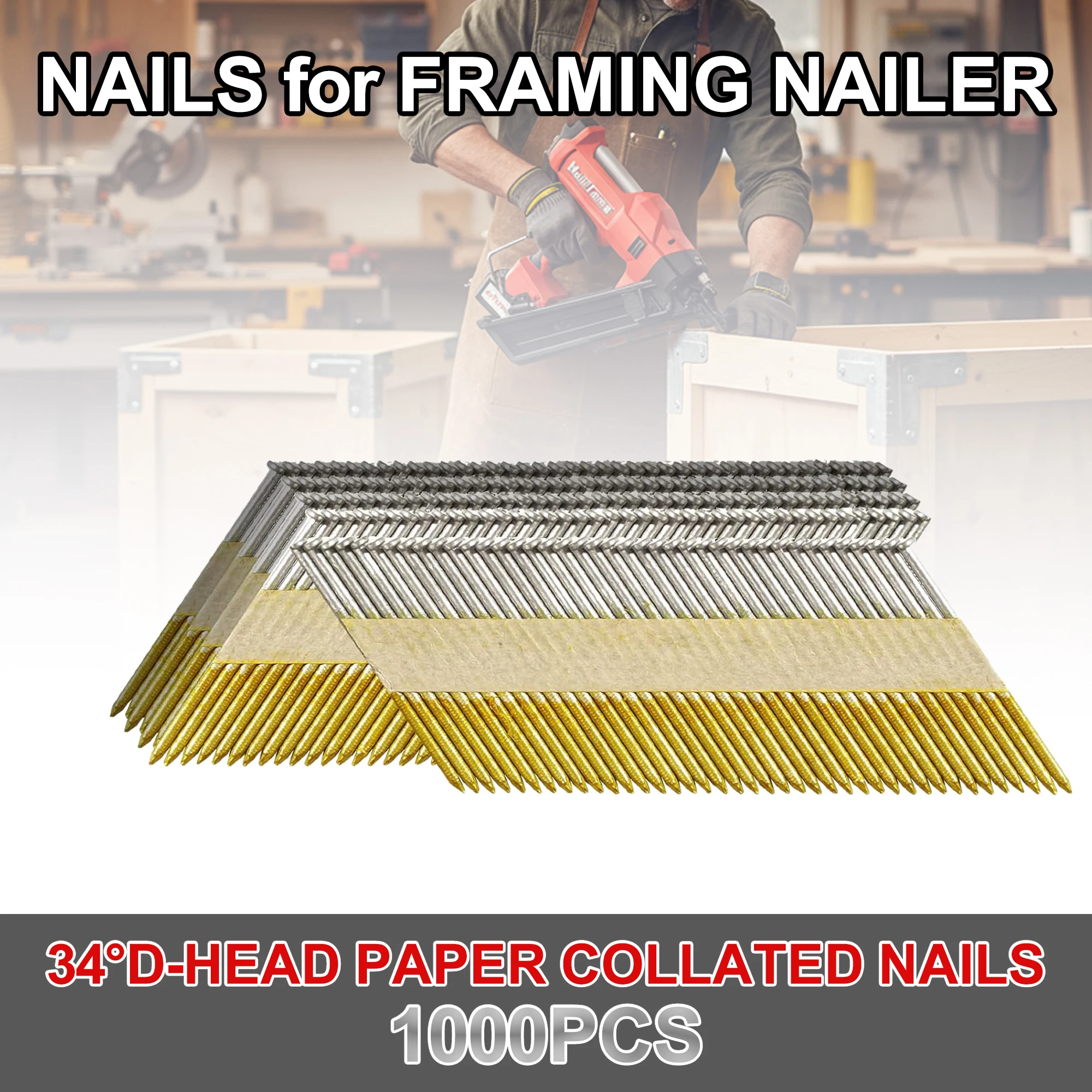 

1000PCS Framing Nails D Head Paper Tape Strip Nails for 30-34 Degree Framing Nailers Construction Home Furniture Wood