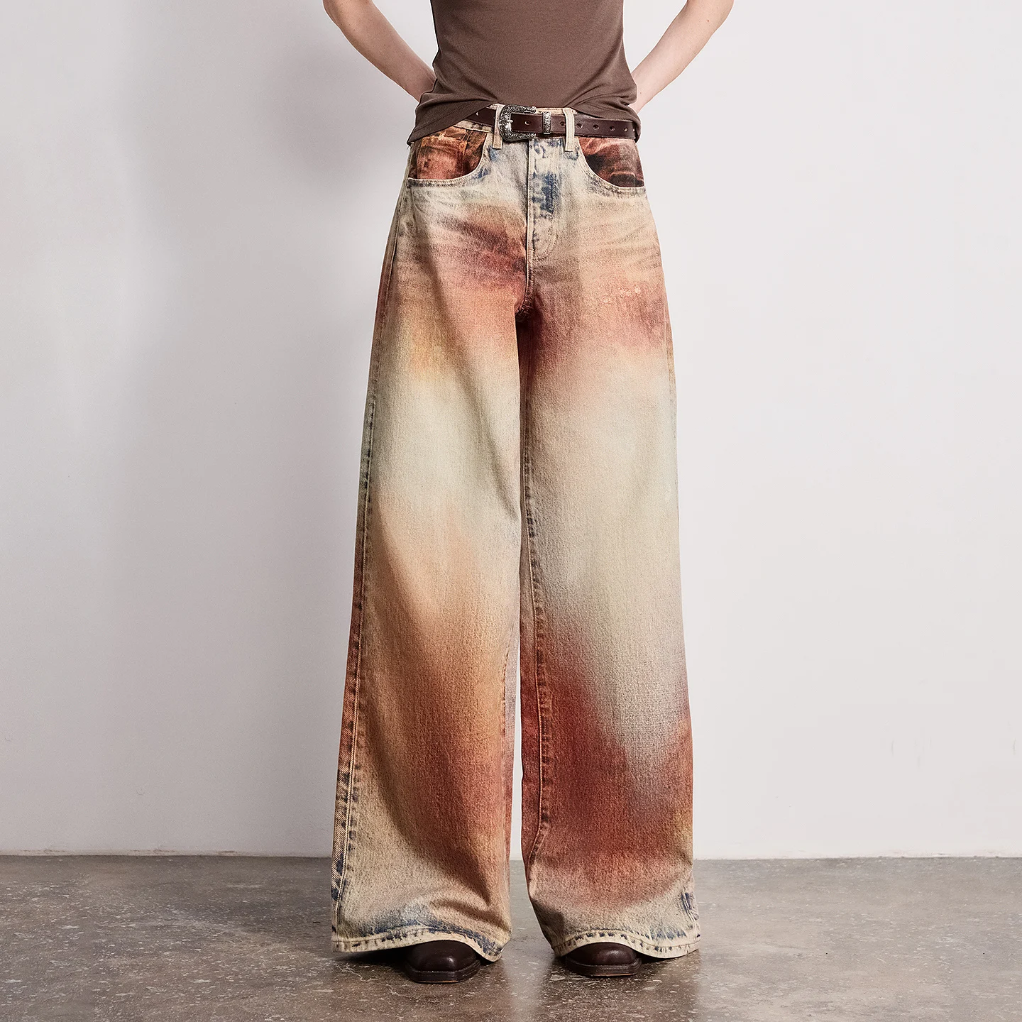 TOYOUTH Women Jeans 2026 Spring New Wilderness Wasteland Style Mid Low Waist Loose Printed Wide Leg Pants