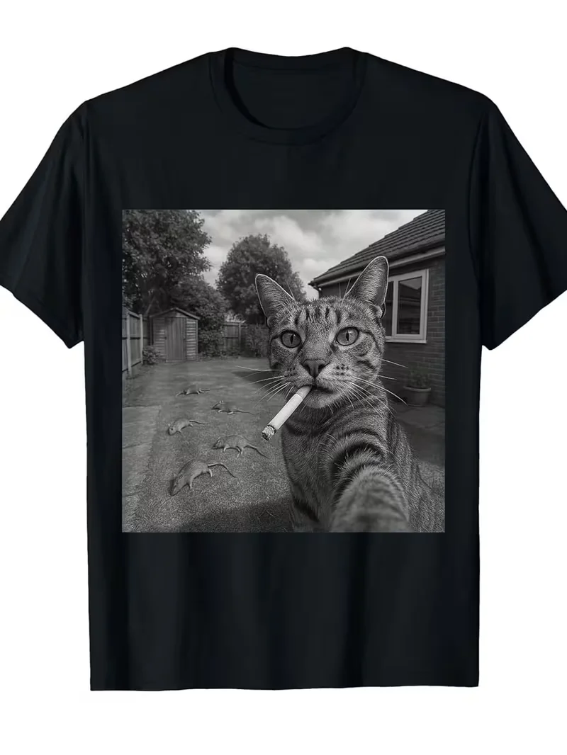 Funny Cat Selfie Graphic T-Shirt Cool Smoking Cat & UFO Cat Meme Black Oversized Casual Tops for Men Women Harajuku