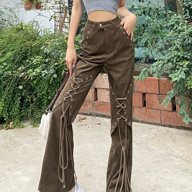 Bell-Bottoms Lace Up Design High Waist American Vintage Style Straight Leg Trousers Harajuku Fashion Y2k Streetwear Trousers