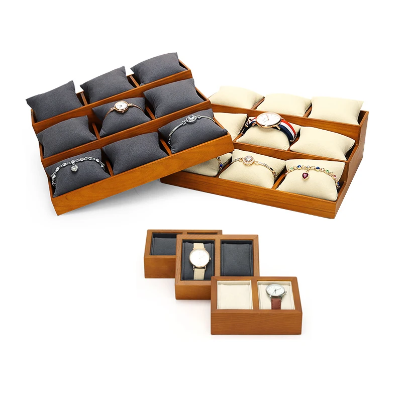 Wood Velvet Watch Organizer Box Beige Gray Bracelet Display Stand Case 9 Slot Wooden Jewelry Storage Tray