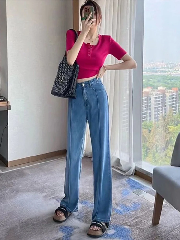 Jeans de Mezclilla Deados de Cintura Alta y Pierna Ancha para Mujer, Plones Rectos de Verano con Sensación Fresca, Ajus...