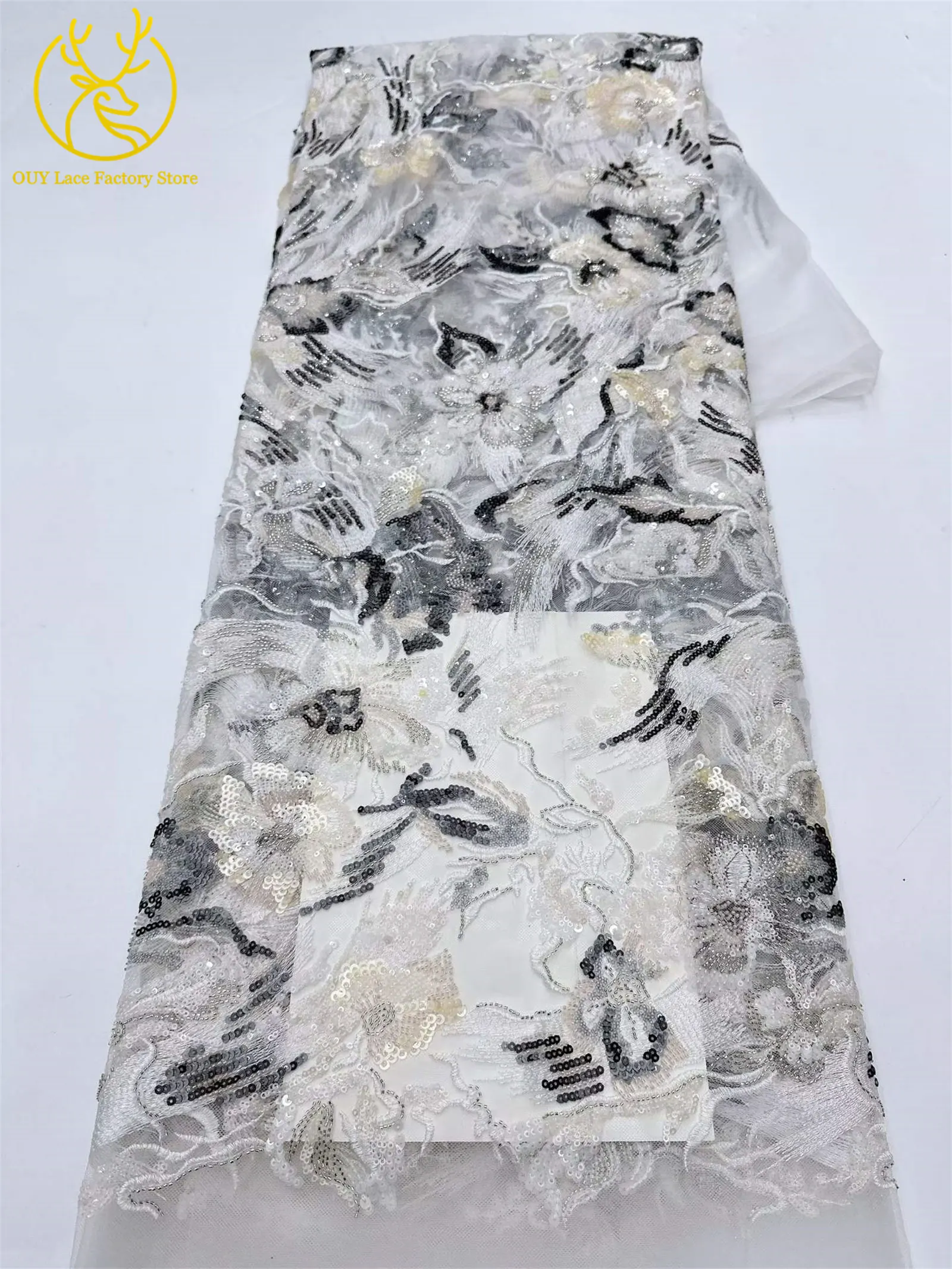 Afrikanischer Stickerei-Tüll-Pailletten-Spitzenstoff, 5 Yards, hochwertiger französischer nigerianischer Perlen-Mesh-Spitzenstoff für Hochzeitsnäharbeiten – Detail 8
