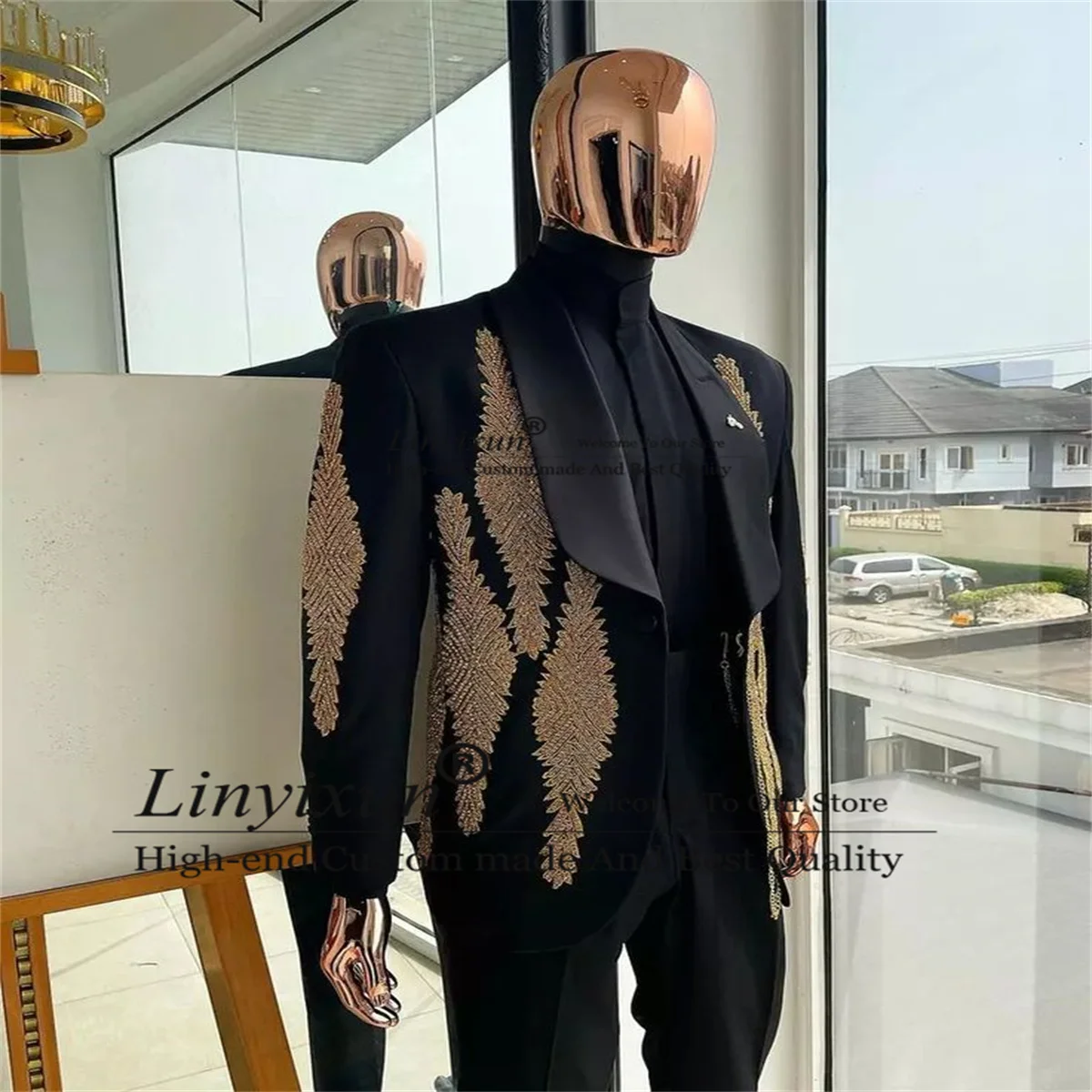 Shiny Beaded Mens Suits Shawl Lapel Groom Wedding Tuxedos 2 Pieces Sets Male Prom Blazers Pants Slim Fit Luxury Costume Homme