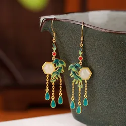 Designer Original Natural Hotan Jade earrings Blue Green Tassel Phoenix earrings for women vintage Chinese style Radiant Jewelry