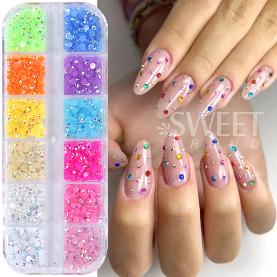 12 Grid Jelly Crystal strass Nail Decoration 2/3mm Macaron Candy AB Color Flat Back Nail Charm gioielli con gemme fai da te forniture per unghie