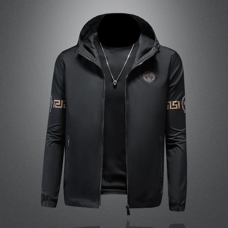 

Spring 2025 Men's Printed Hooded Jaet Slim Fit Lightweight Trendy High End Polyester Nylon Cosite Fiber Long Sve Zipper
