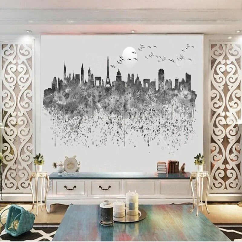 

Современная и простая чернильная стирка, городская гостиная, телевизор, роскошное украшение для дома, фоновые обои