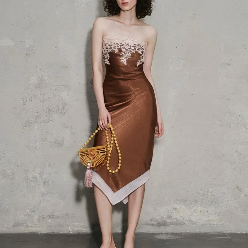 Women Strapless Satin Midi Dress Floral Lace Applique Tube Top Slim Dress Hem Elegant Wedding Guest Cocktail Evening Party Dress