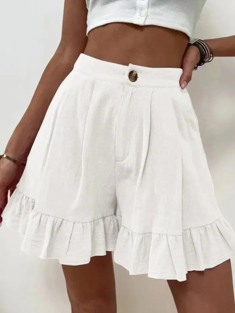 

Women Fashion Shorts Summer Solid Color High Waist Ruffles Panels Hem Casual Loose Fit Street Party Wide-leg Pants