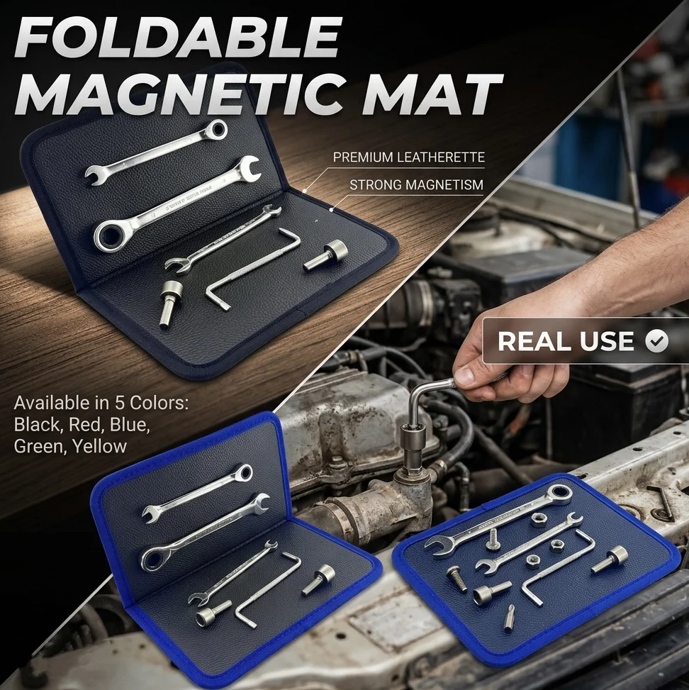 New foldable magnetic tool mat, wall-mounted to save space, for quick organization and improved workshop efficiency—portable too