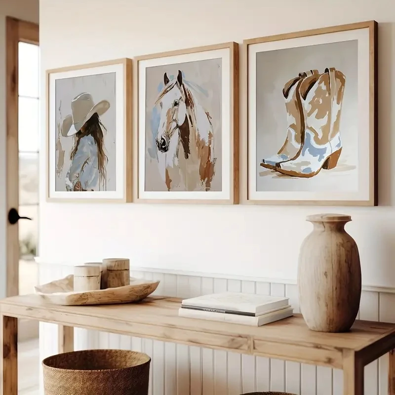 

3pcs/Set Coastal Cowboy-style Art Painting Western Rural Aesthetic Poster Western Boot Pattern Equestrian Wall Decoration Canvas