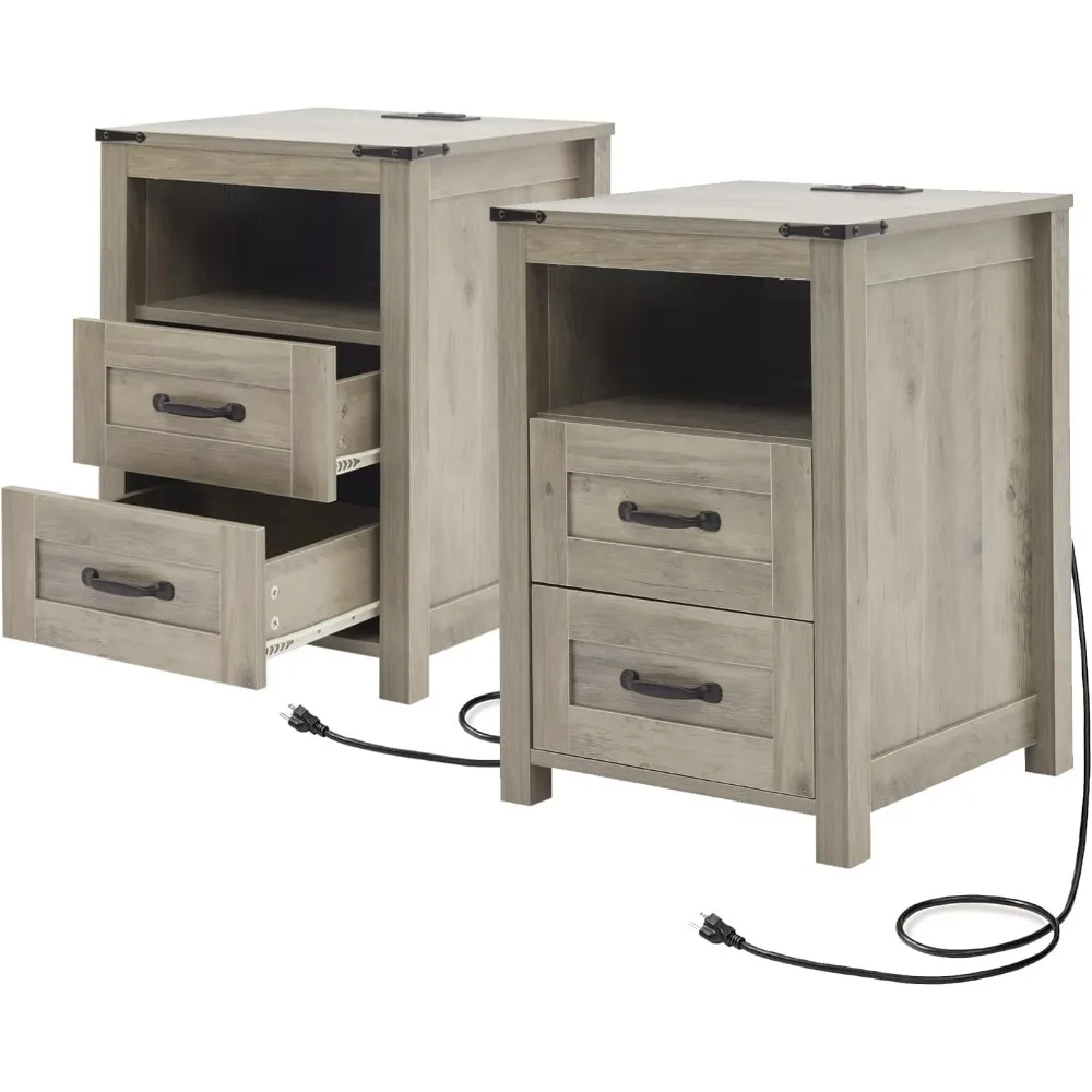 Pair of Rustic Grey Farmhouse Nightstands with Drawers, Bedroom Side Tables featuring Charging Station
