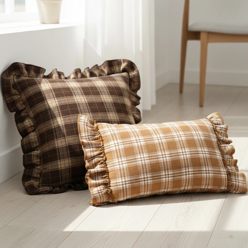 BUYNOW 1 STÜCK Zweifarbiger karierter Spitzenkissenbezug Britischer Vintage-Stil Countryside Cottage Sofa Kissenbezug Home Schlafzimmer Bett Dekor – Detail 13