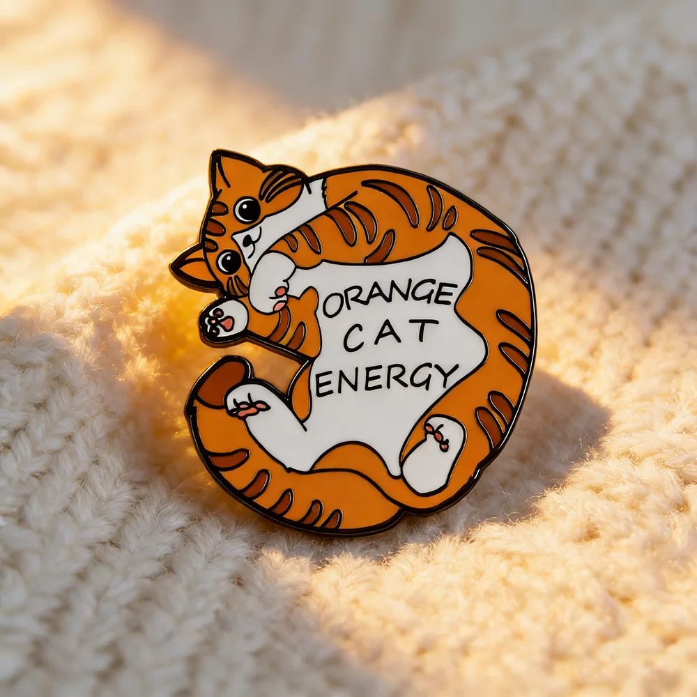 Orange Cat Energy Enamel Pin Funny Circle Cat Brooch Cute Cartoon Animal Badge For Backpack Clothes Kitty Lover Gift