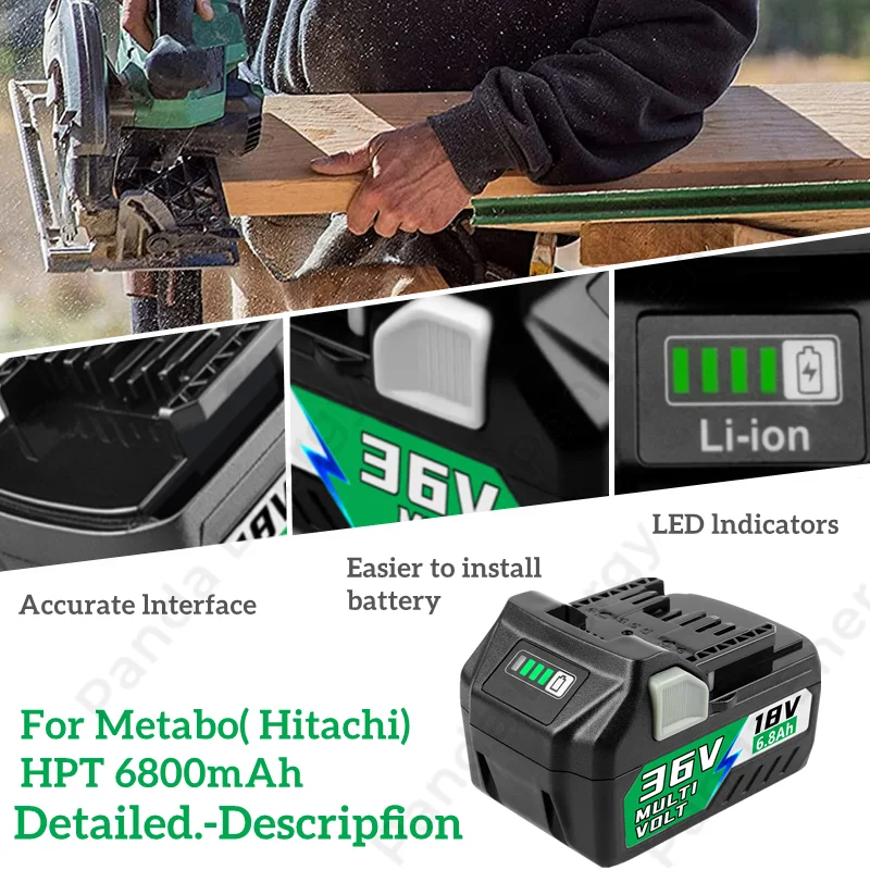 Upgrade 18V/36V Multi Volt Li-Ion Slide Rechargeable Battery 6.8Ah for Hikoki Hitachi metabo HPT Cordless Tools 371751m BSL36A18