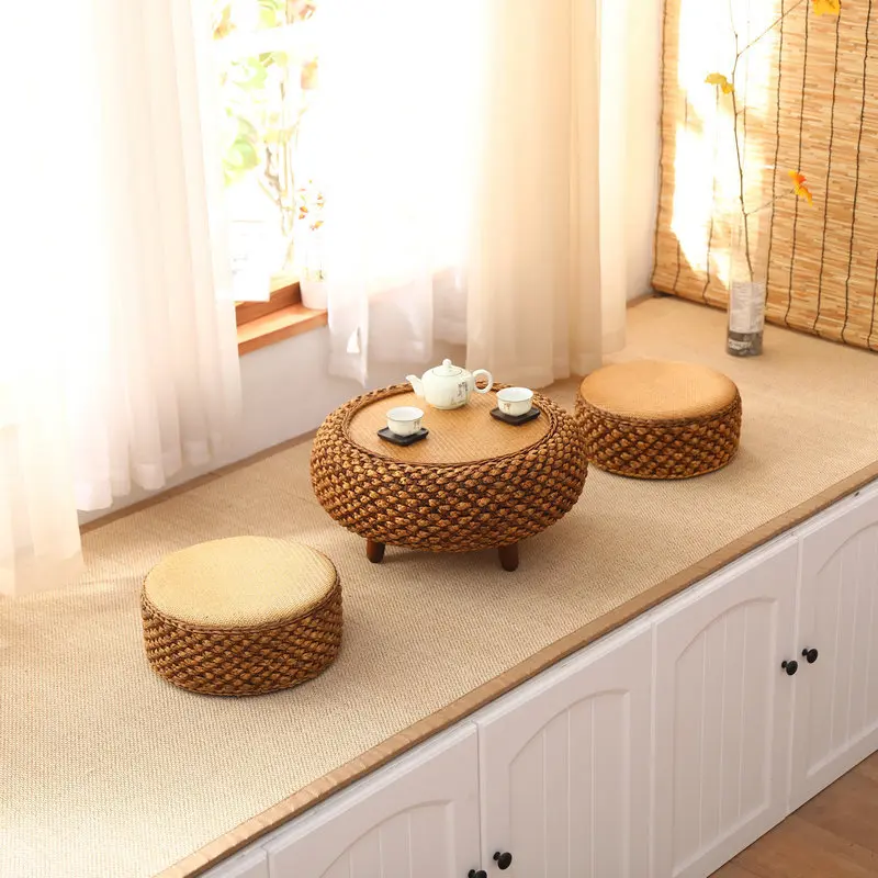 Japanese Hand Woven Rattan Round Coffee Table with Storage for Living Room Tea Table