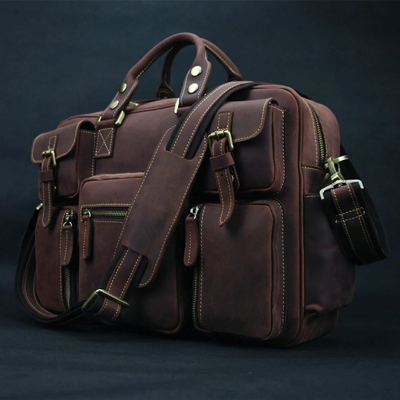 

High Quality Vintage Crazy Horse Genuine Leather Travel Bag Large Men Luggage Bag Duffle Weekend Bag Tote Shoulder Bag Carry On