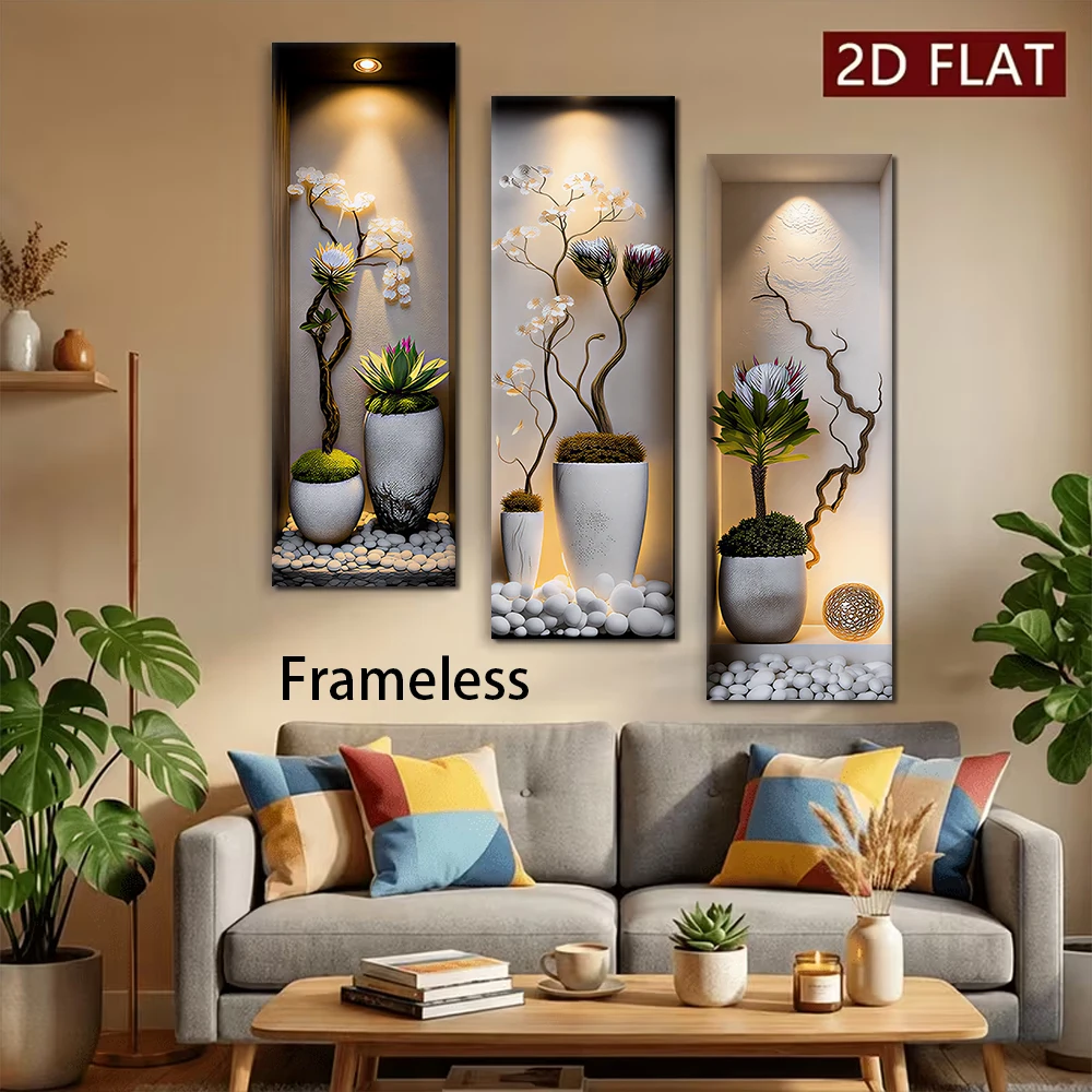 1 set of new Chinese style triple wall stickers, modern and simple living room entrance decoration paintings, plants, flowers, f
