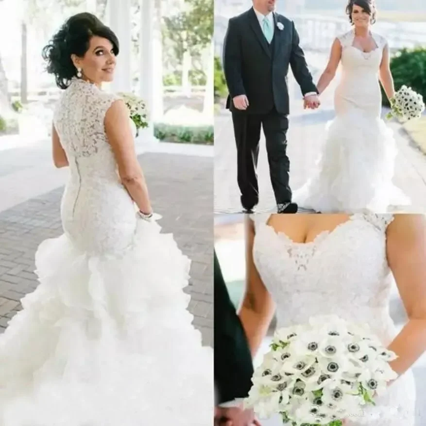 Luxury Arabic Lace Mermaid Wedding Dresses Sweetheart Sweep Train Tiered Organza Plus Size Bridal Gowns Custom Made Vestidos De